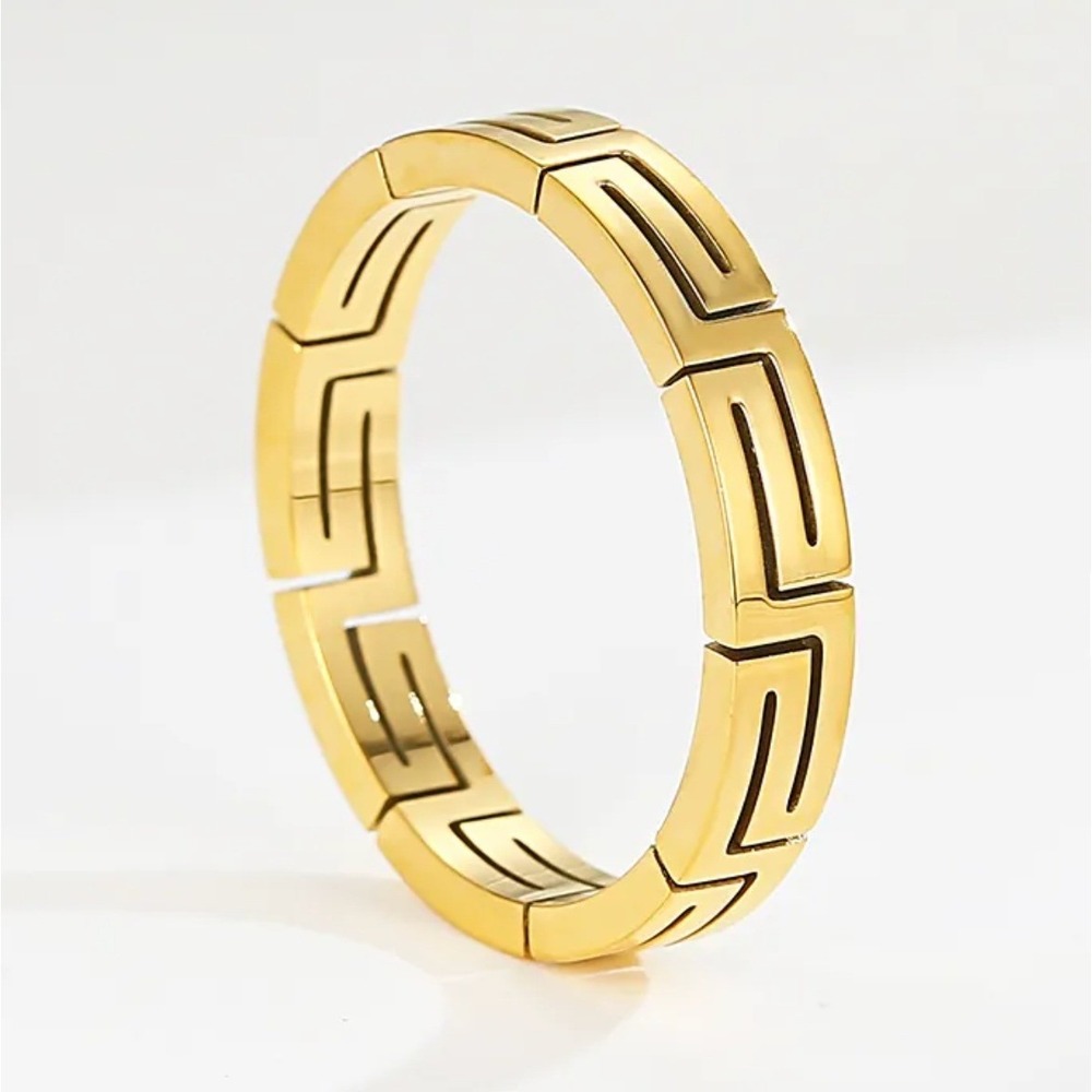 18K Gold Plated Titanium Steel Greek Key Ring Polished Gold Women Size 5